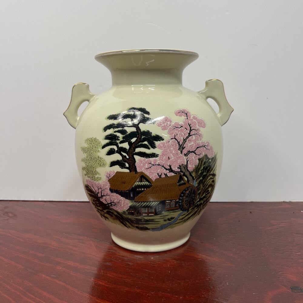 Made In Japan Porcelain Double Handle Vase 8" Tall Waterwheel